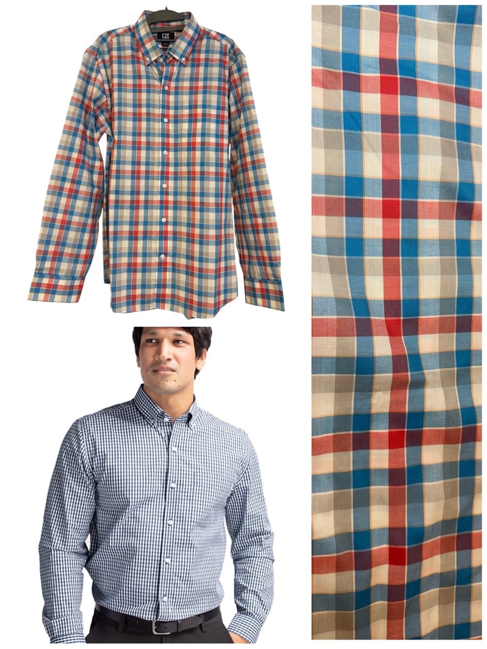Cutter & Buck Men's Light Blue & Red /Pink & Plaid Button-Down Shirt,